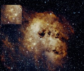 IC410, the Tadpole Nebula, in the constellation Charioteer (Auriga), about 12,000 light years from Earth. Inset shows the "tadpoles." Photo by club member David Johnston. Tadpole Nebula David Johnston