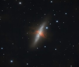 M82, the Cigar Galaxy, is a starburst galaxy approximately 12 million light years away in the constellation Ursa Major. Photo by club member Mark Frost. M82 Cigar Galaxy Mark Frost