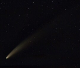 Comet NEOWISE after sunset, the evening of July 14, 2020. Composite of three stacked images by club member Jerry Sherman. Jerry says, “this image reminds me of those classic comet pictures I enjoyed in children’s astronomy books in the fifties. I am thrilled to see this in my own photo.” Comet NEOWISE Jerry Sherman.