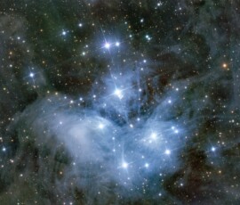 The Pleiades (M45), or "Seven Sisters," is a bright, young open star cluster in the constellation Taurus. This cluster of hot, blue stars contains thousands of stars but typically shows 6-7 clearly, glowing with a blue haze from surrounding reflection nebulae. Photo by club member Tommy Wilkinson. Tommy Wilkinson The Pleiades